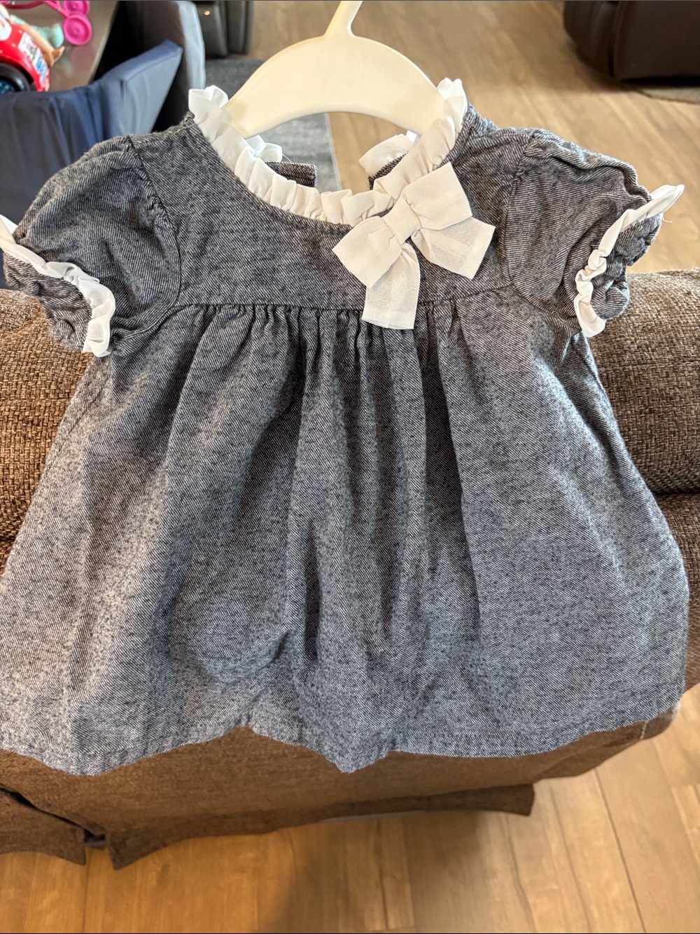 Gray Baby Dress with White Bow Trim